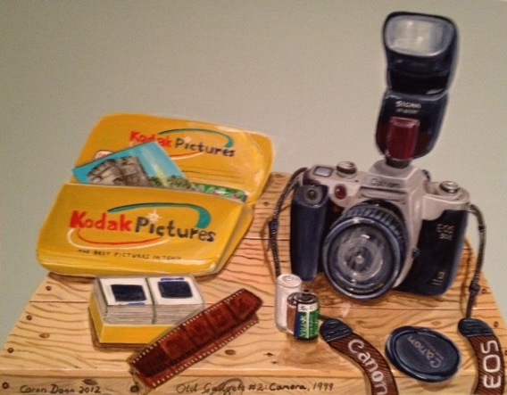 Old Gadgets No. 2: my film-era camera, 1999. Acrylics on board. The prints are from a trip I did to China in 2001. The slides are the only ones I ever took, on a trip to Vietnam in about 1996.