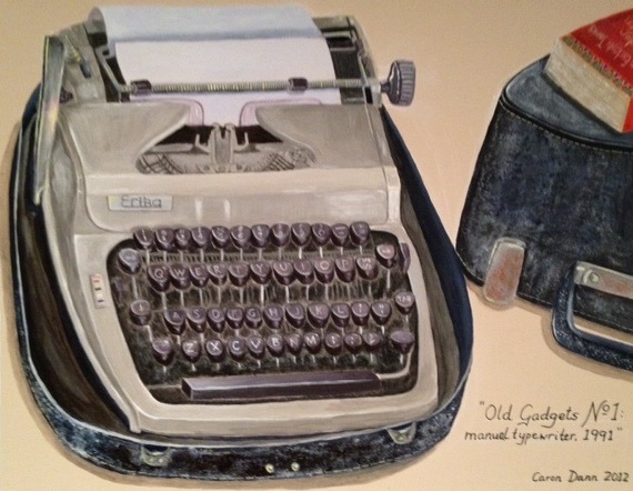 Old Gadgets No. 1: my manual typewriter, bought in Bangkok, 1991. On the case is the German version of my novel, The Occidentals (Das Erbst Der Schwestern). I wrote the first draft of this novel many years before it was published, on this typewriter. Acrylics on board.