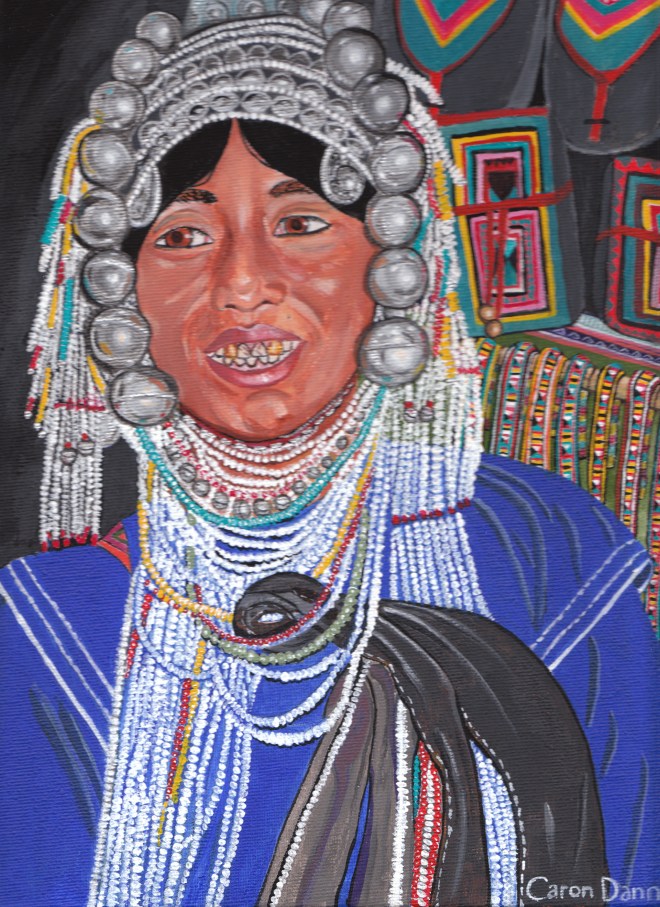 Akha hilltribe woman, Doi Suthep, Thailand, 1991, by © Caron Eastgate Dann, 2011. Acrylics on canvas board. 
