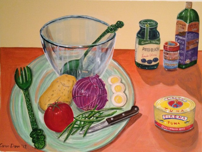 "Making Salad Niçoise", acrylics on treated board. This picture includes my favourite salad servers, plastic tiki-decorated souvenirs from New Zealand.  ©Caron Eastgate Dann, 2012 ©Caron Eastgate Dann, 2012