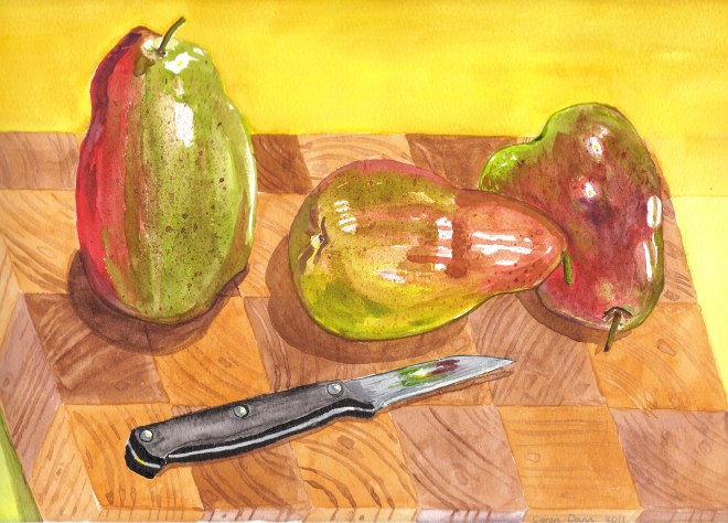"Pear-Shaped", watercolour. I bought these beautiful pears in season and couldn't resist painting them. This was my first attempt at a watercolour painting. © Caron Eastgate Dann 2011